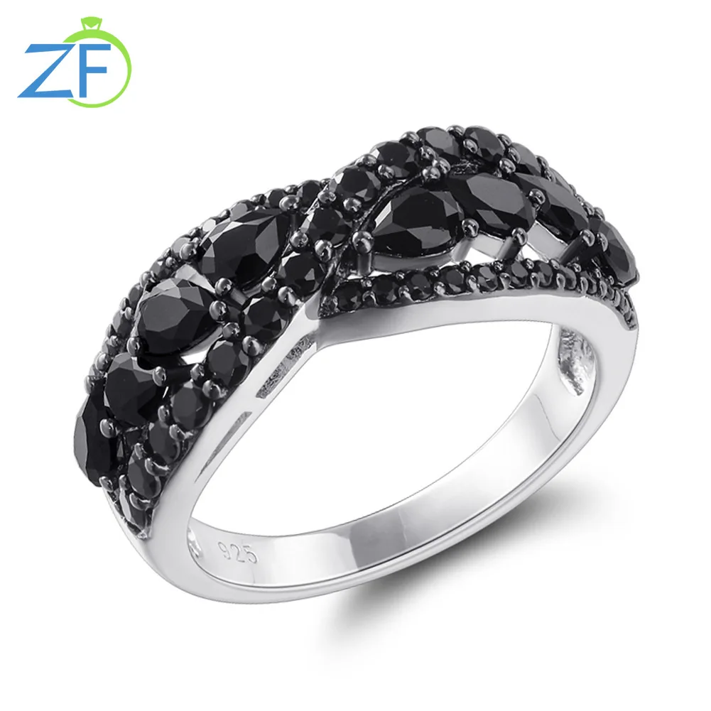 

GZ ZONGFA Natural Black Spinel Genuine 925 Sterling Silver Rings Black Gem Silver Ring for Women Party Gift Fine Jewelry