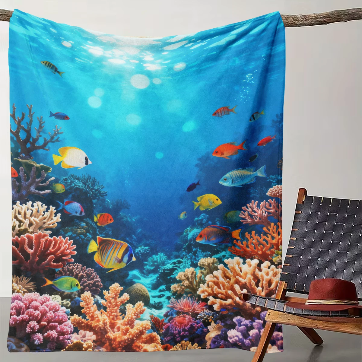 

1 piece of ocean coral fish blanket | Fresh and healing ins wind blanket marine style soft and warm blanket for living room