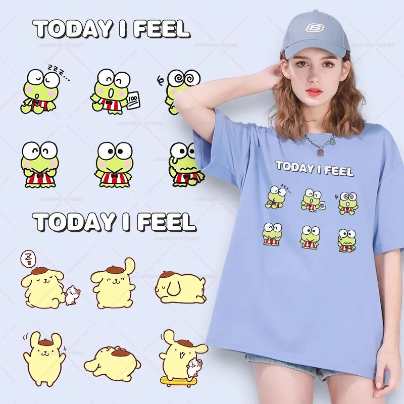 Sanrio Keroppi Iron on Patches Heat Transfers For Clothes Cute Pom Pom Purin Printed Thermal Stickers on t-shirt Applique DIY