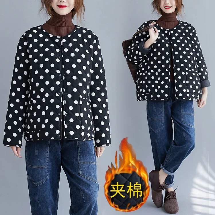 Polka Dot Warm Lightweight Cotton Jacket with Pocket Coat Women 2023 Autumn Winter Female Casual Loose Outfit Plus Size Outwear