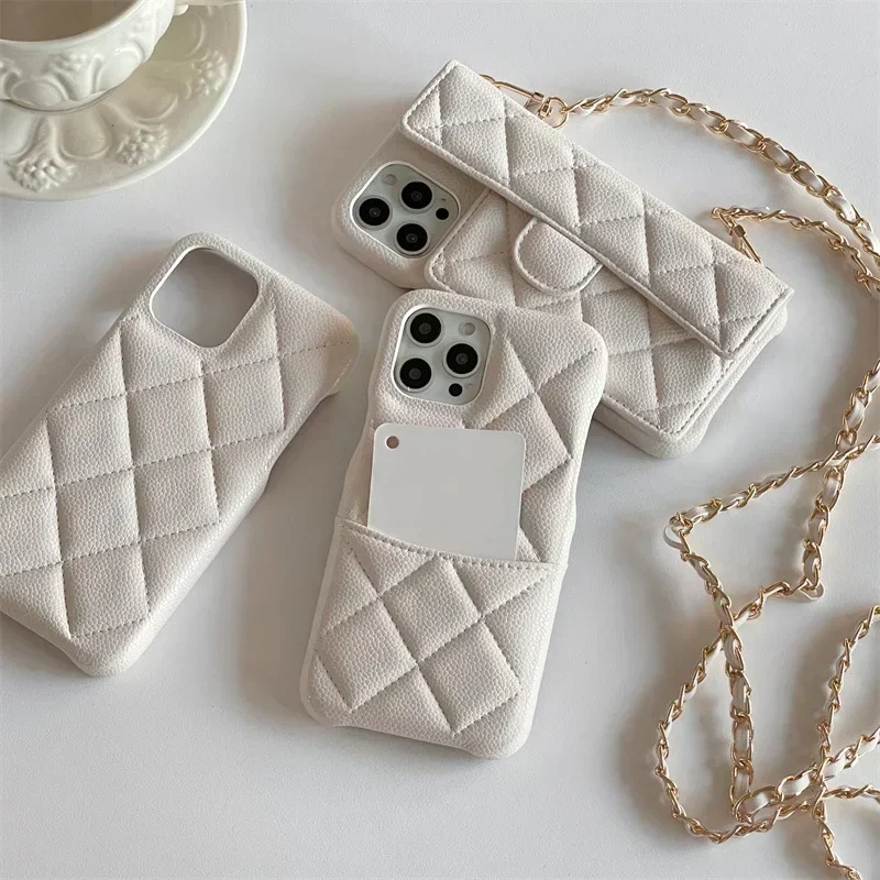 Luxury Leather Crossbody Lanyard Wallet Phone Case For iPhone 15 14 13 16 17 18 Pro Max Card Holder Necklace Chain( NO LOGO)