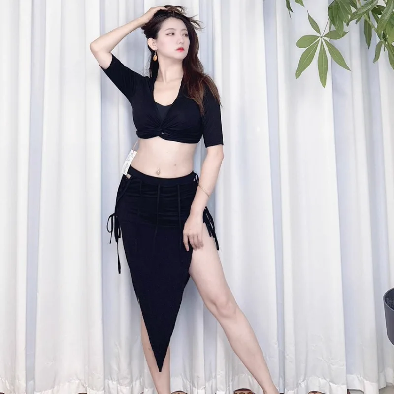 Customized Swegal Belly Dance Costumes Practice Outfit Inspired Modal Tie Top with Triangular Ribbon Skirt Short Set