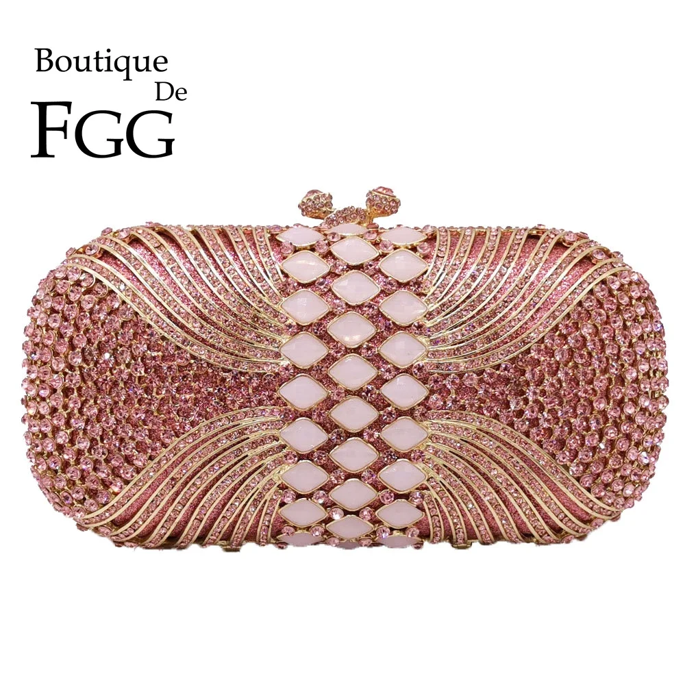 Boutique De FGG Women Pink Evening Bags Bridal Crystal Clutch Handbags and Purses Wedding Banquet Dinner Minaudiere Clutch Purse