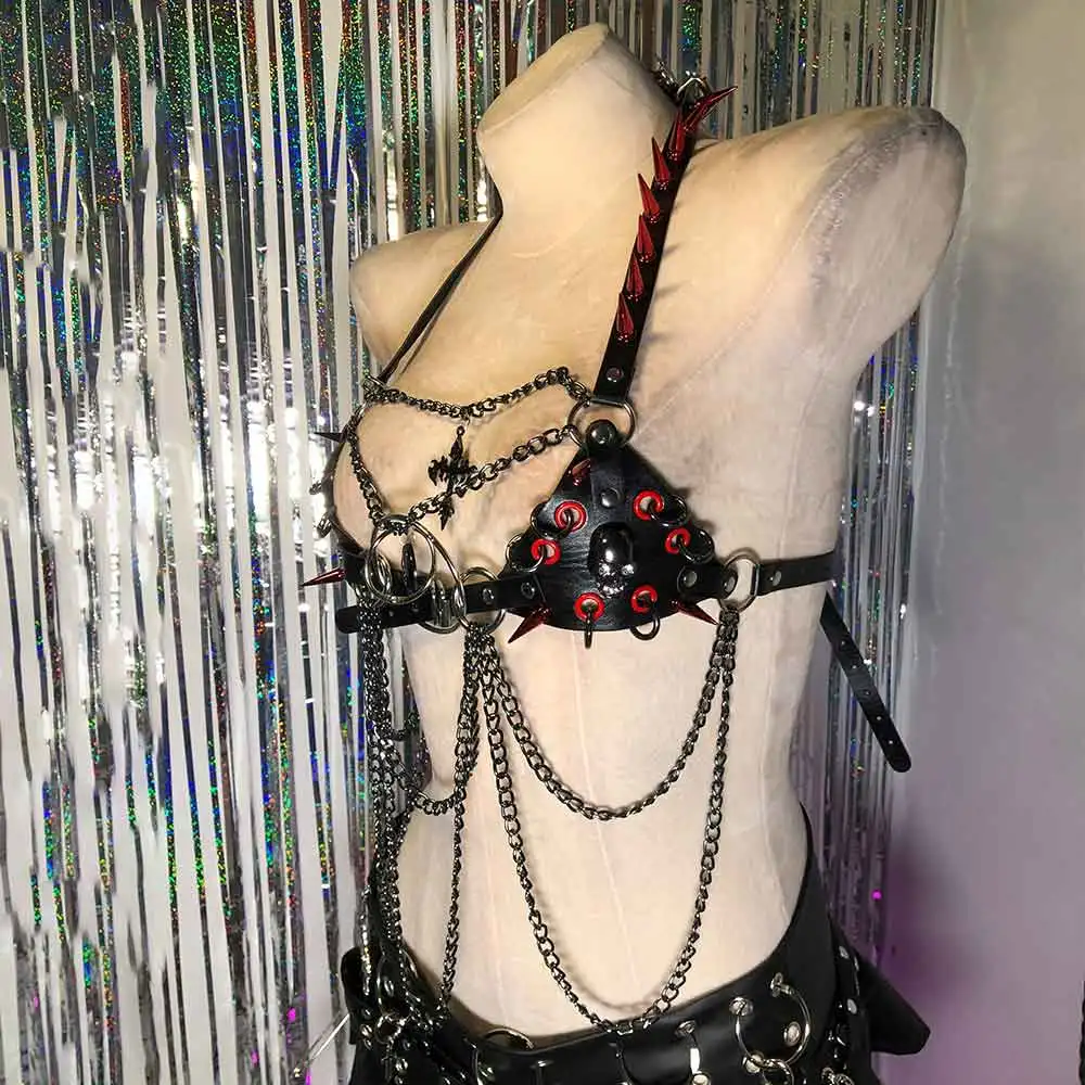 

Teen Gothic Harnesses Tank Harajuku Punk Rock Studded Hand Made Eco Emo Y2K Vegan Leather TOPS Grunge E-Girls Goth DIY Kawaii