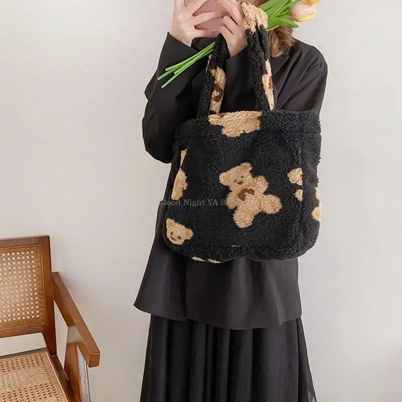 Damska płócienna torebka z grubej bawełny torba na ramię z tkaniny podobnej do jagnięciny niedźwiedź haftowana torebka typu na