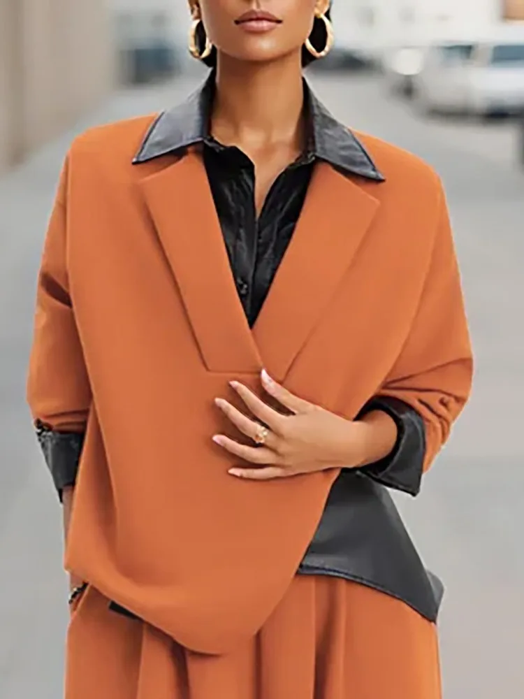 Yeezzi Women's Fashion Faux Leather Patchwork Lapel Blouse 2026 New Spring Long Sleeve Loose Urban Trendy Casual Asymmetric Tops