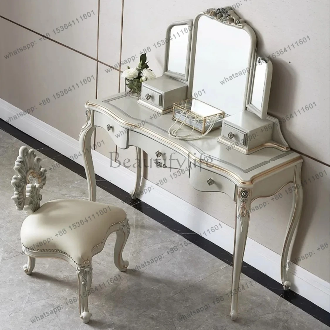 

X4 French light luxury solid wood carved dresser dressing chair bedroom European simple makeup table storage