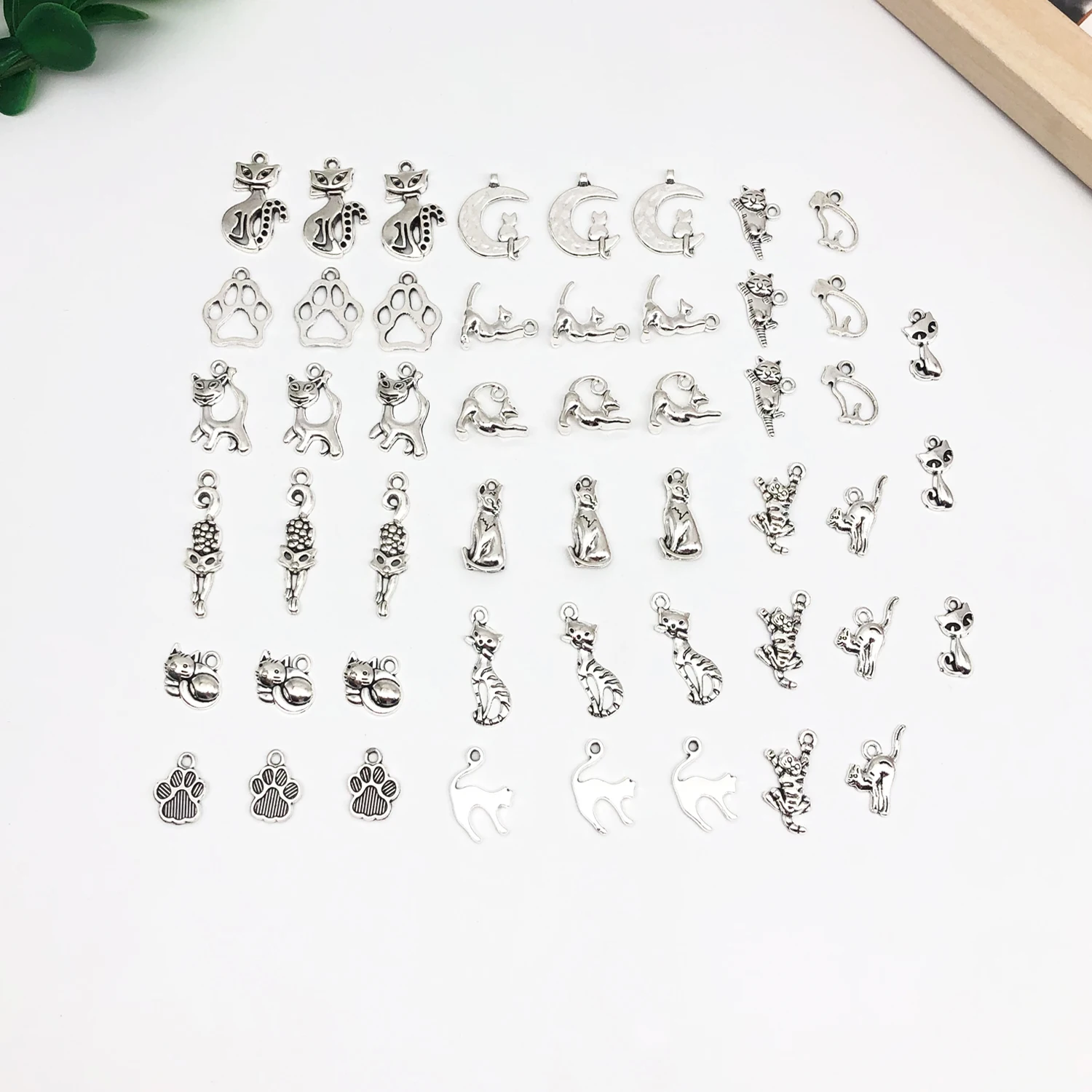 

51pcs/set of antique silver cat pendant, DIY back to school necklace, bracelet, earring, jewelry, Halloween and Thanksgiving acc