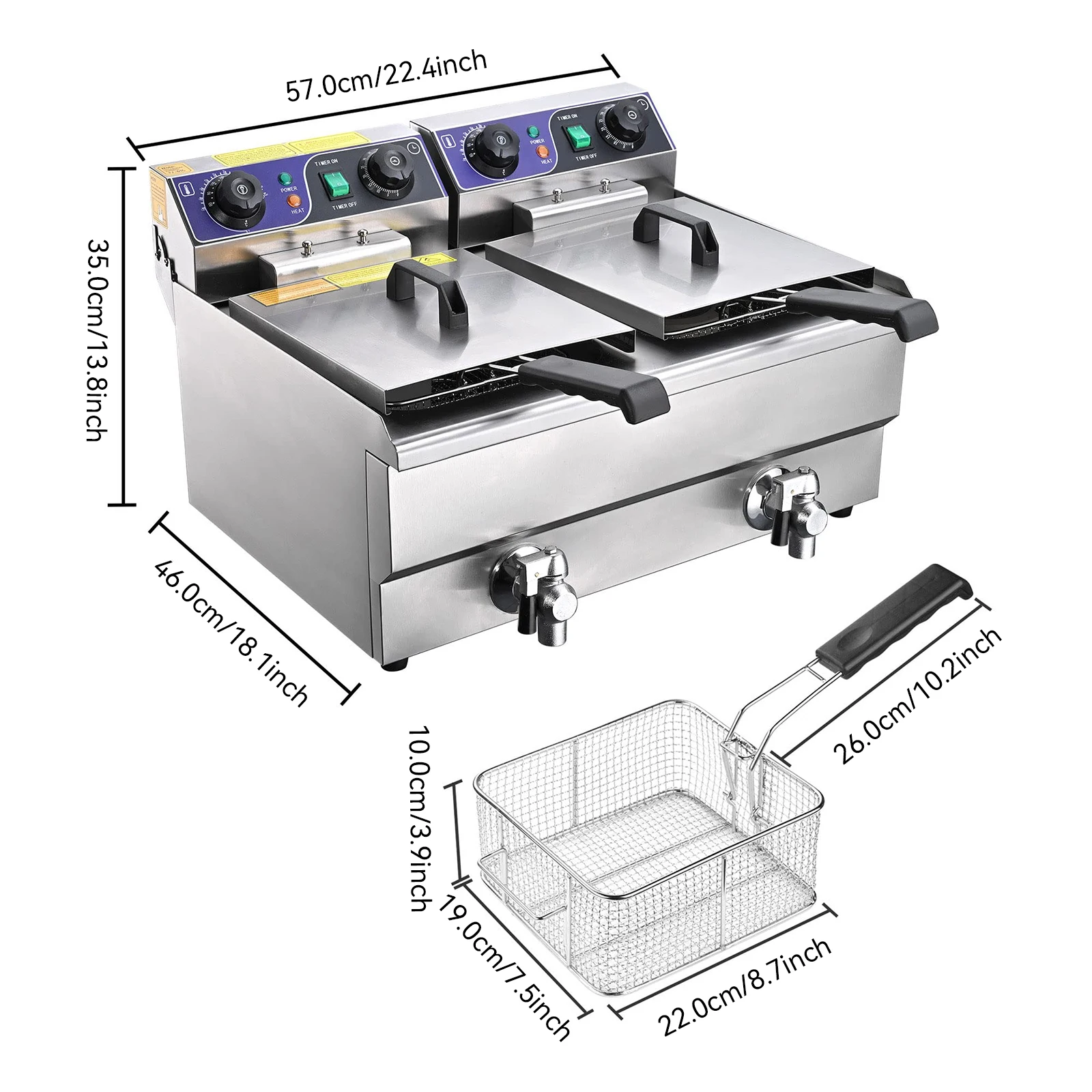 Podofo 12L Commerciële Elektrische Friteuse 3000W RVS Friteuse voor op het aanrecht met Dubbele Bakken en Olie Filtratie