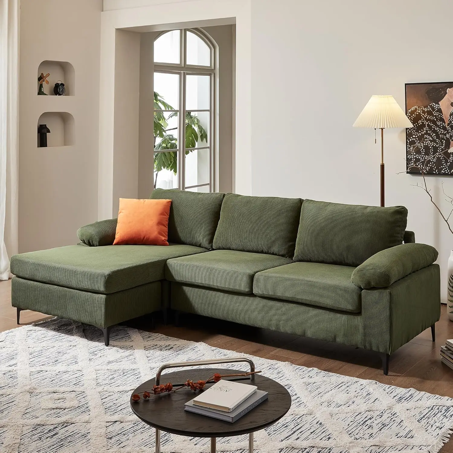 

Corduroy Sectional Sofa Couches for Living Room,Green L Shaped Sofa Couch with Reversible Chaise,Comfy 3 Seat Reversible Sofa