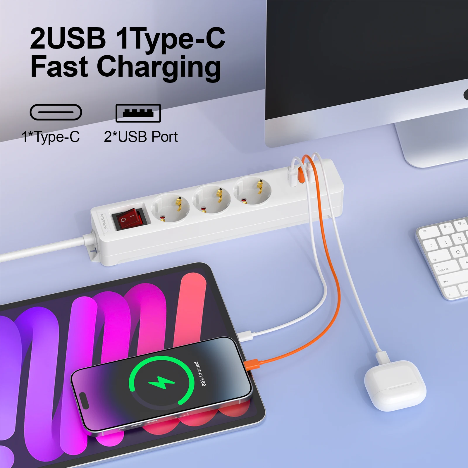 EU Plug Power Strip Surge Protector 3/4 AC EU Electrical Plug Outlet Socket Lead Extension Adapter Extenstion Cord Cable 1.5m