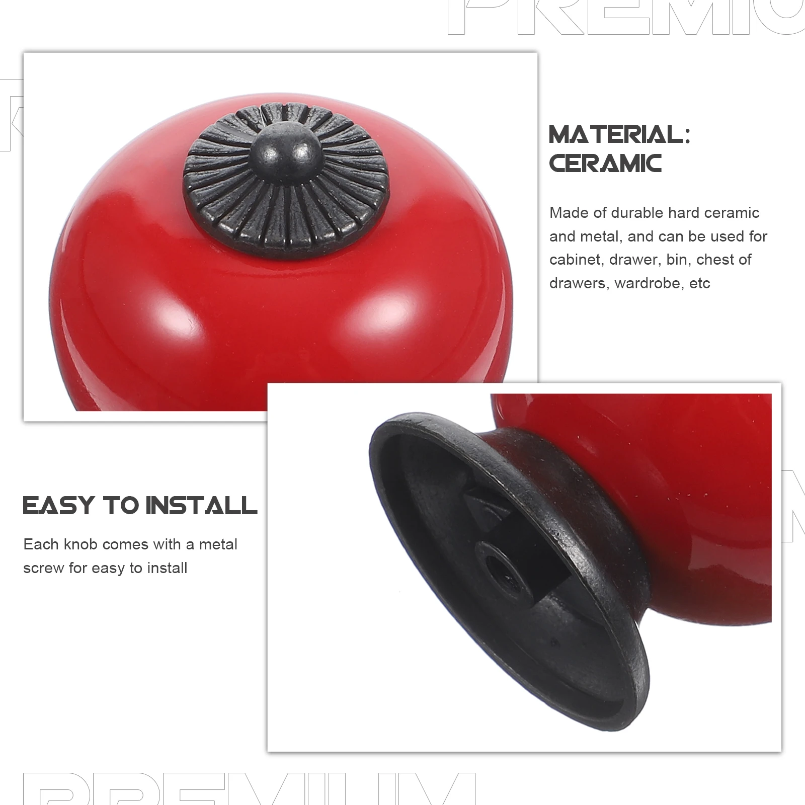 

5pcs Red Ceramic Handles 38x38mm Durable Hard Ceramic Metal Round Door Knobs Pull Handles For Cabinet Drawer Wardrobe