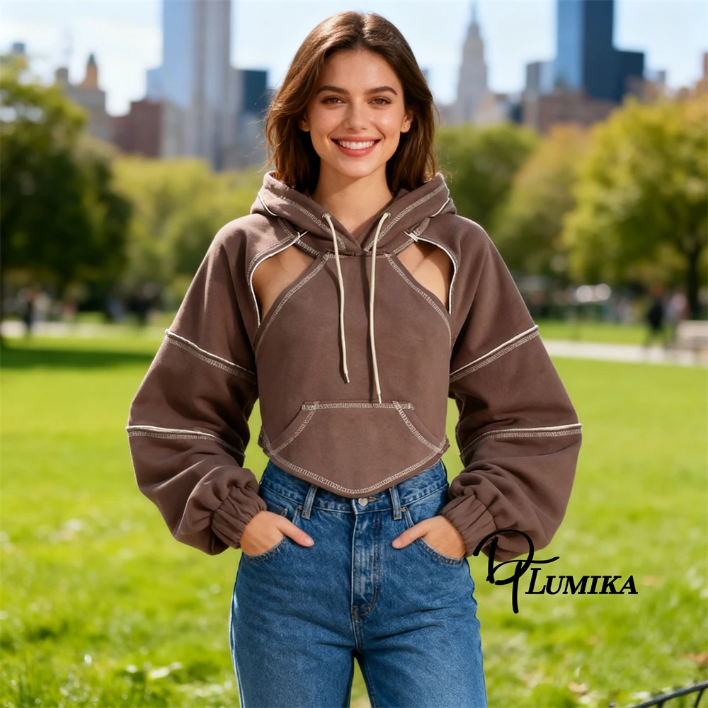 

DTLumika Backless Cut-Out Hoodies for Women, Fashonable Autumn Long-Sleeved Top with Hat Actual Photos