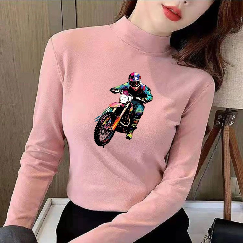 Winter Women's Thermal Brushed Fleece Half Mock Neck Long Sleeve T Shirt Motocross Rider Jumping Graphic Warm Tee