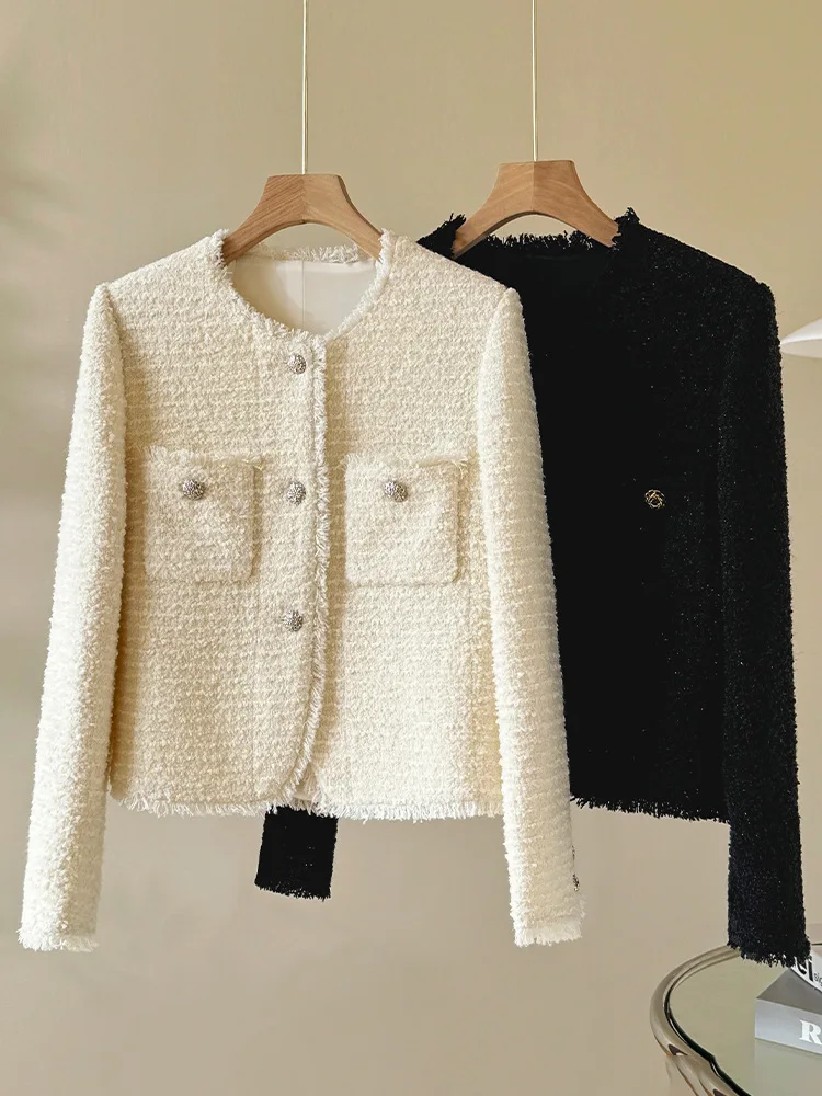 ウールタッセルショートジャケット新しい秋エレガントなラウンドネック多用途洗練された女性のトップアウターウェアロパムジェール女性のためのスーツ