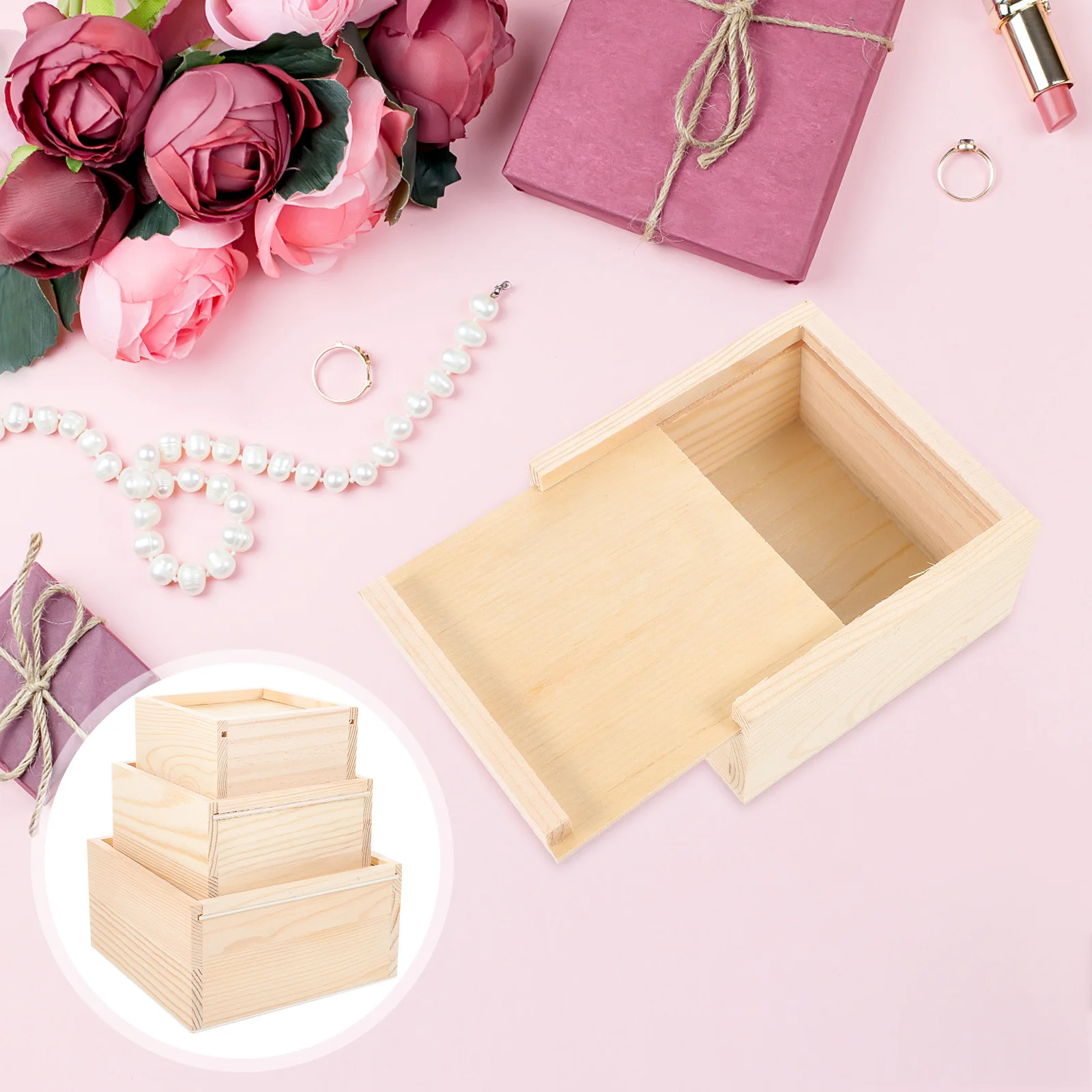 

3pcs Wooden Storage Box Unfinished Wood Crate For Diy Craft Painting Carving Decorative Gift Wood Box With Lid Sliding Top