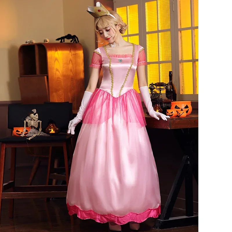 Peach Princess Classic Game Costume Girls Carnival Cosplay Party Pink Dress Birthday Stage Luscious Uniform Headwear Gloves