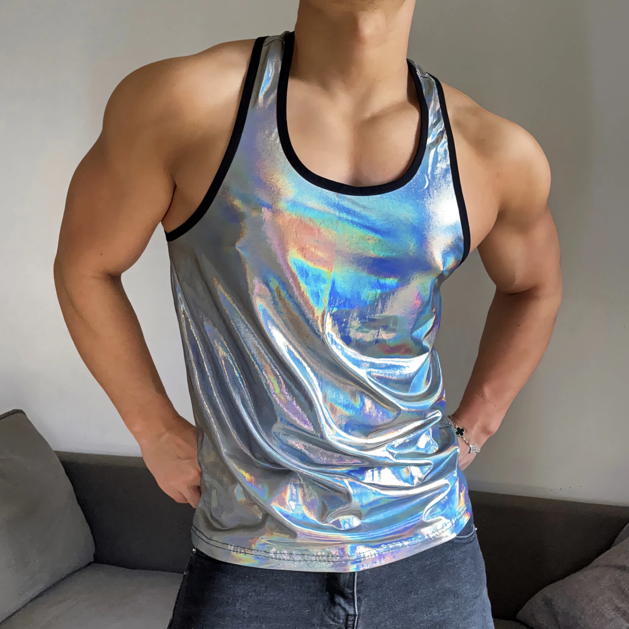 Summer Liquid Phantom Fine Shoulder Strap Fitness Muscle Men's Sleeveless Tank Top Bar Nightclub Bounce Performance Clothing