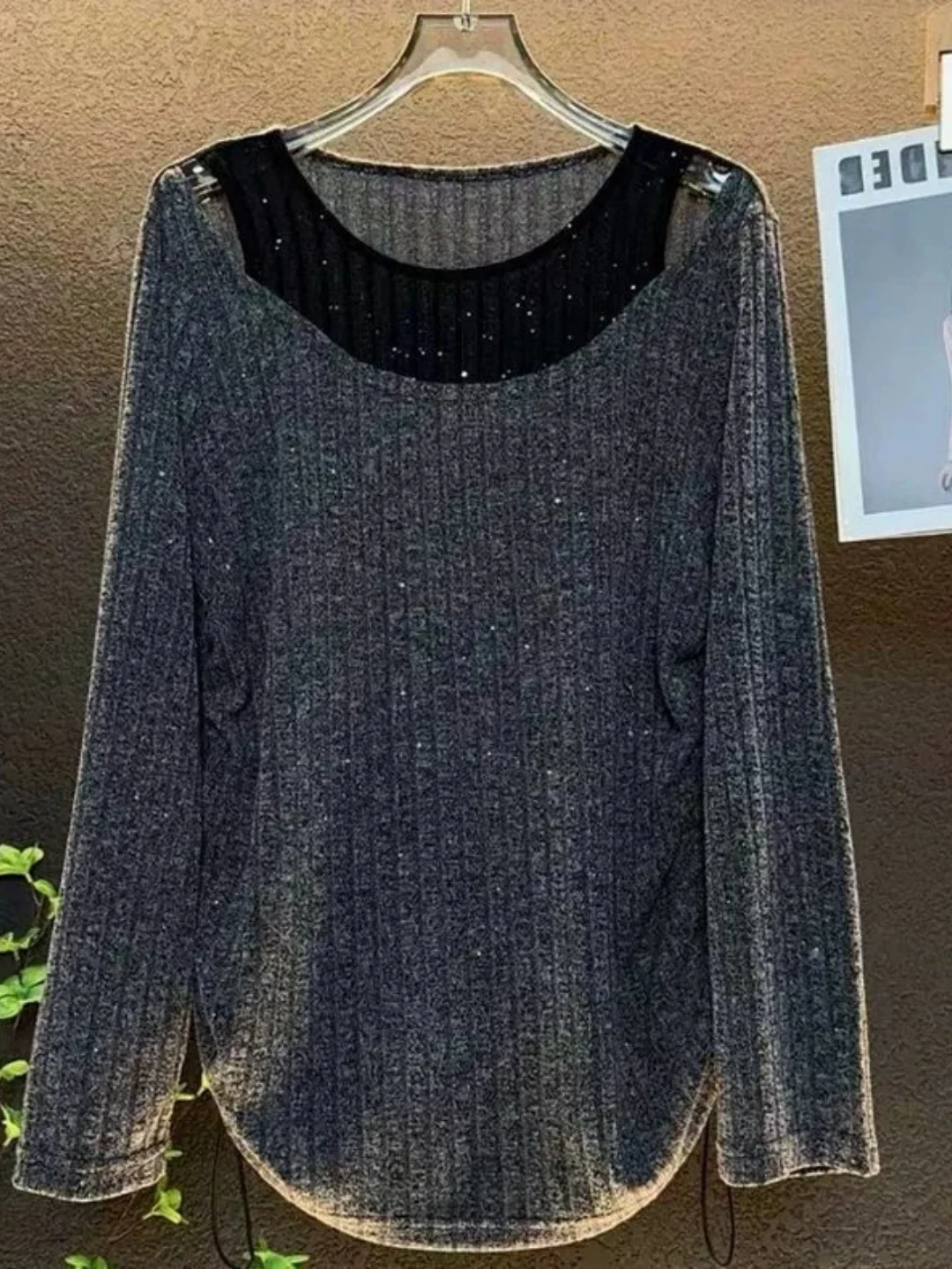 plus Size 300 Pounds Fashionable Color Block Hollow out Casual Sequin Design Long Sleeve T-Shirt Women's Top Pear Shaped Leisure
