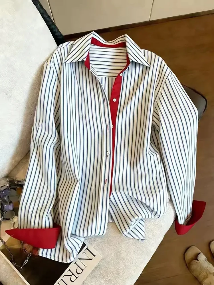 Retro Amerikanisches Gestreiftes Hemd für Damen, Locker Geschnittene Langarm-Bluse, Übergroßer Vintage Preppy-Stil, Vielseitig Kombinierbare Patchwork-Oberteile