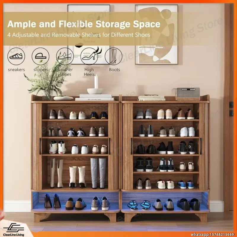 6-Tier Shoe Cabinet with Fluted Sliding Tambour Doors Entryway Shoe Storage Cabinet with LED Light Adjustable Shoe Organizer
