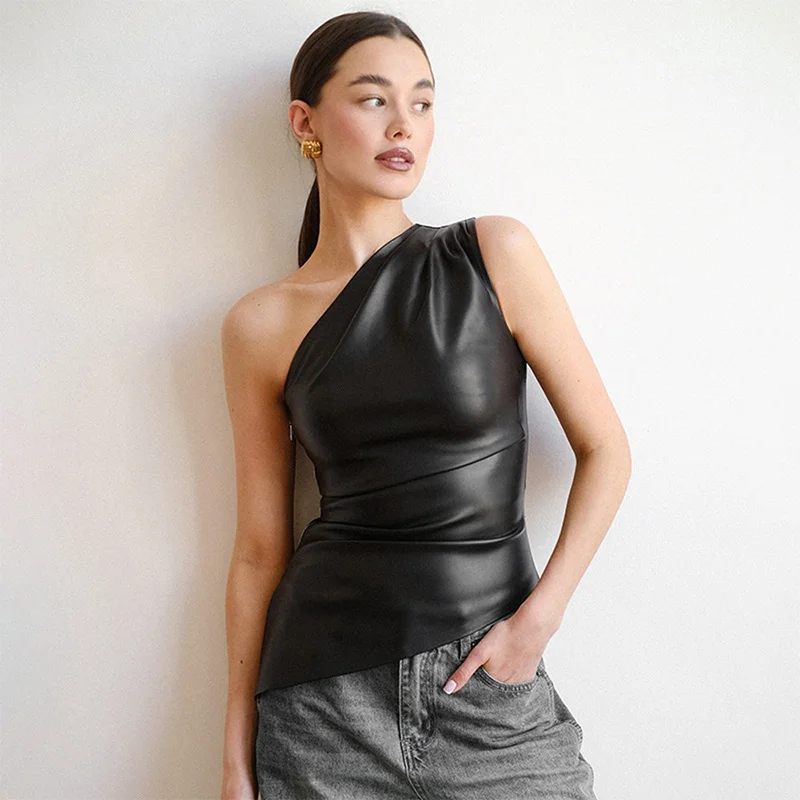 2024 Fall Snd Winter New Pure Color Slim Sleeveless One-Shoulder Slanting Collar Zipper Show Thin Jacket