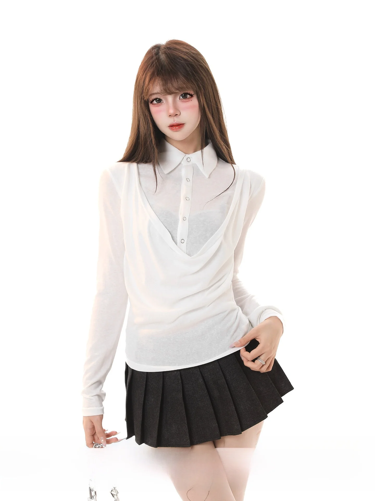 

Американская женская футболка с длинным рукавом и отложным воротником, новинка весенней коллекции, повседневный топ с эффектом утяжки талии