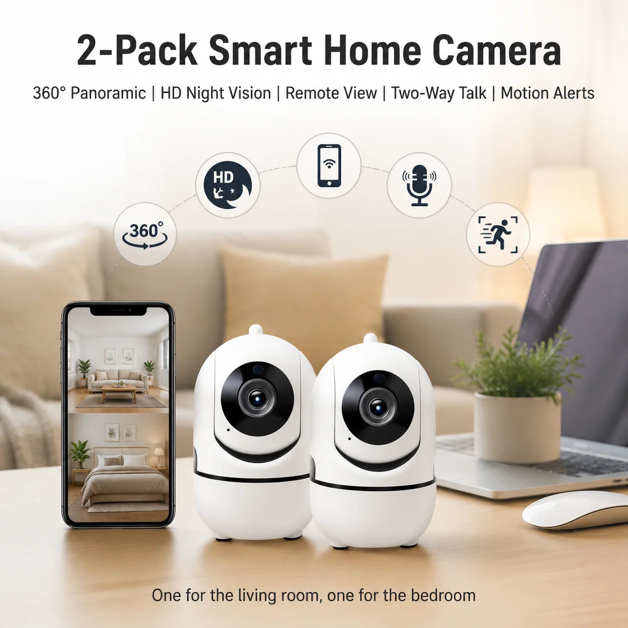 2PC FHD Smart WiFi Indoor Security Camera, FULL Color Night Vision, Motion & Human Detection, 2-Way Audio, Cloud/Local Storage