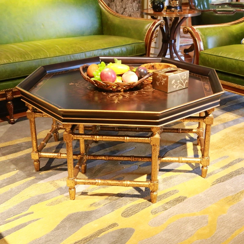 French Style European Country Style Gilding Hand Painted Dark Black Brown Octagonal Tray Shape Tea Table