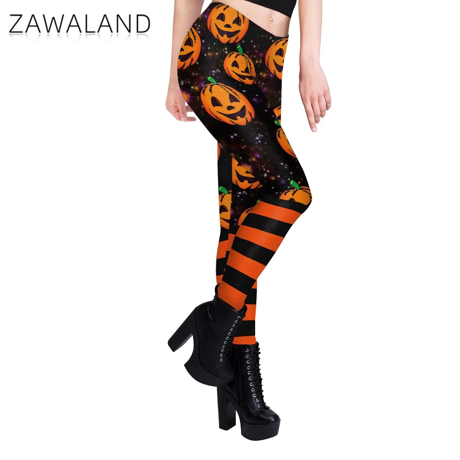 Zaw aland Streifen Kürbis Print Leggings Halloween Mitte Taille Fitness Workout Hose Hose Frau sexy schlanke Stretch Legging