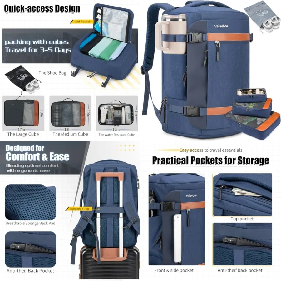 

42L Travel Backpack with 4 Packing Cubes, TSA Friendly Flight Approved Carry-On Bag, Water-Resistant Weekender Business Backpac
