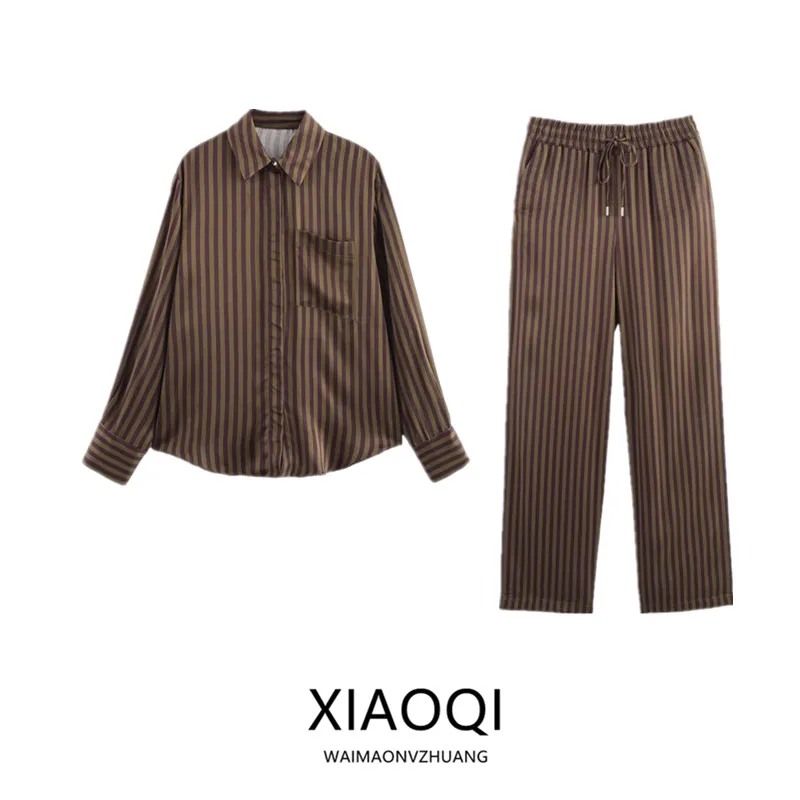 Spring 2025 Women's Fashion Silk Satin Stripe Long Sleeve Collared Shirt Pants Set New Arrival Elegant Business Casual Wear
