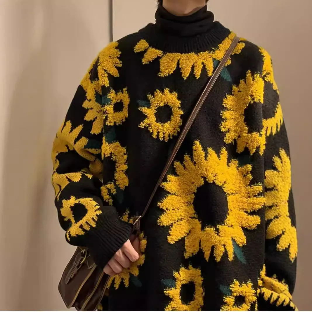 

Women's Sunflower Print Pullover Sweater - New Style for Autumn and Winter Loose Fit Round Neck Long Sleeves Mid-Length