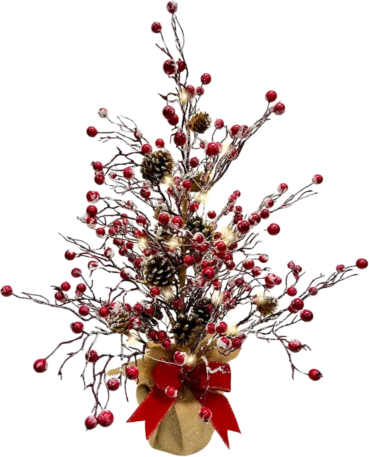 

Дерево с красными ягодами и снежными флокированными ягодами, шишками и шелковым бантом, 15 светодиодных фонарей, настольный рождественский декор