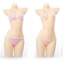 Japanese Sexy Lingerie Lolita Kawaii Blue Pink White Striped Mini Bikini Cosplay Costumes Bra and Panty Set Women Cute Underwear