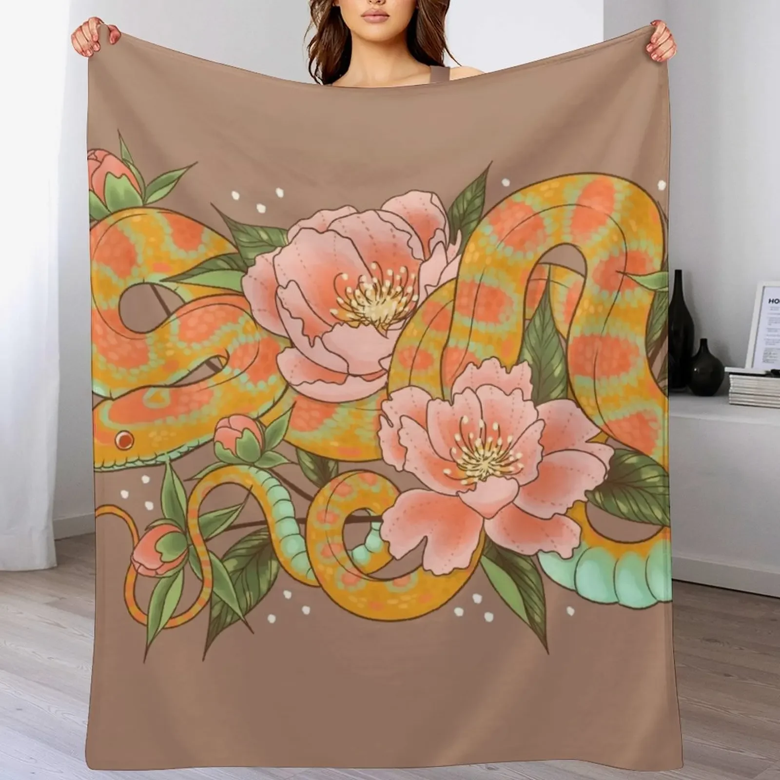 

Corn Snake and Peonies Throw Blanket Fade Resistant Durable Throw Blanket