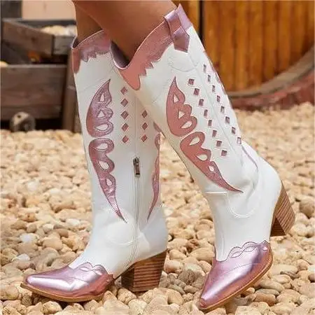 Pointed Butterfly Embroidery Western Cowboy Boots 2024 Autumn New Street Thick High Heel Fashion Women Mixed Color Casual Boots