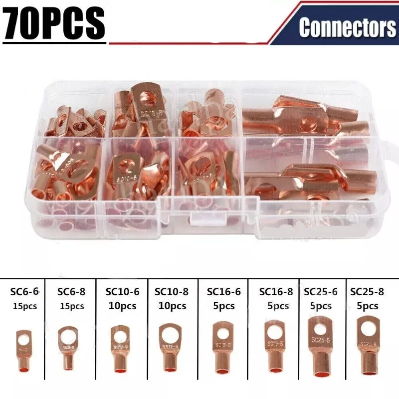 70PCS Ring Terminal Cable Shoes Lugs SC6-SC25 Tinned Copper Lug Wire eye Connectors Bare Terminals Lugs Wire Copper Kit