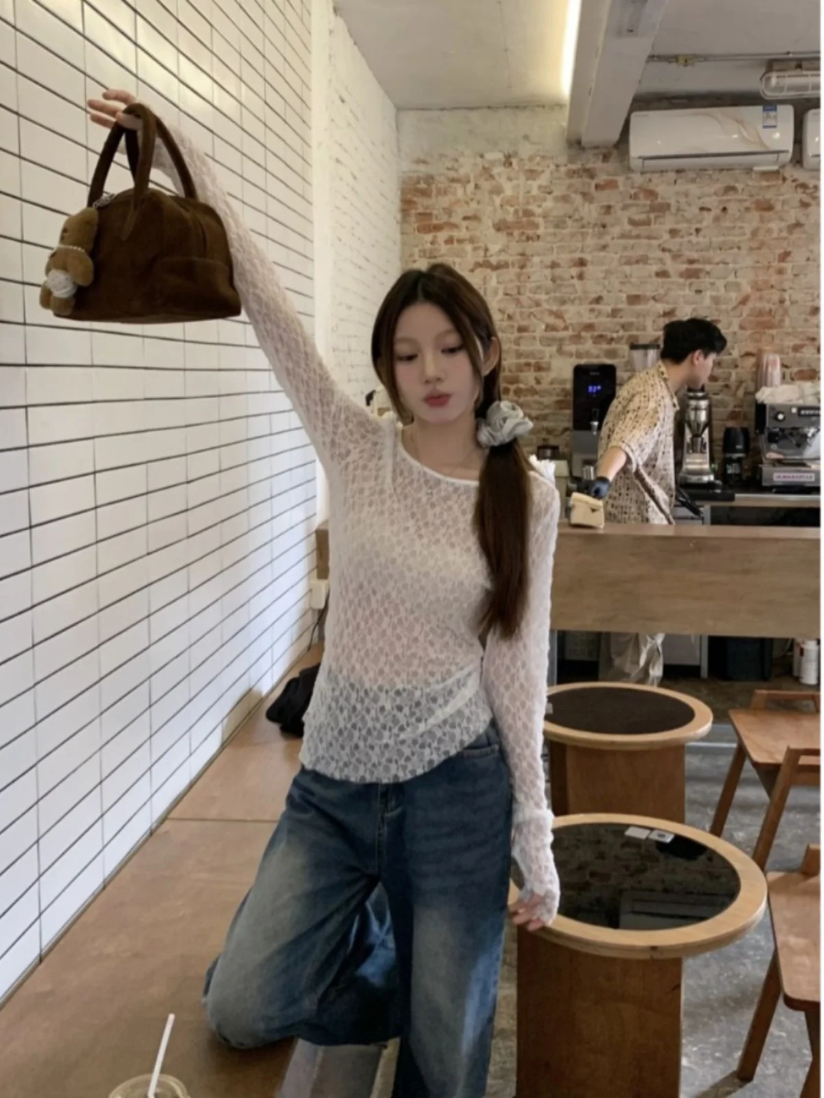 Ele blanc Long Sve dentelle irt femmes coupe ajustée été nouveau Sle évider conception mignon rond Ne Polyester fibre T-shirt