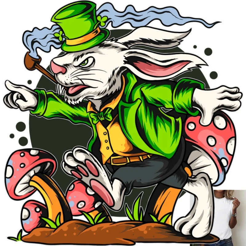 Trendy Cartoon Smoking Rabbit Heat Transfer White Ink Iron - on, Personalized Mushroom Pattern, Suitable for T - Shirts/Canvas
