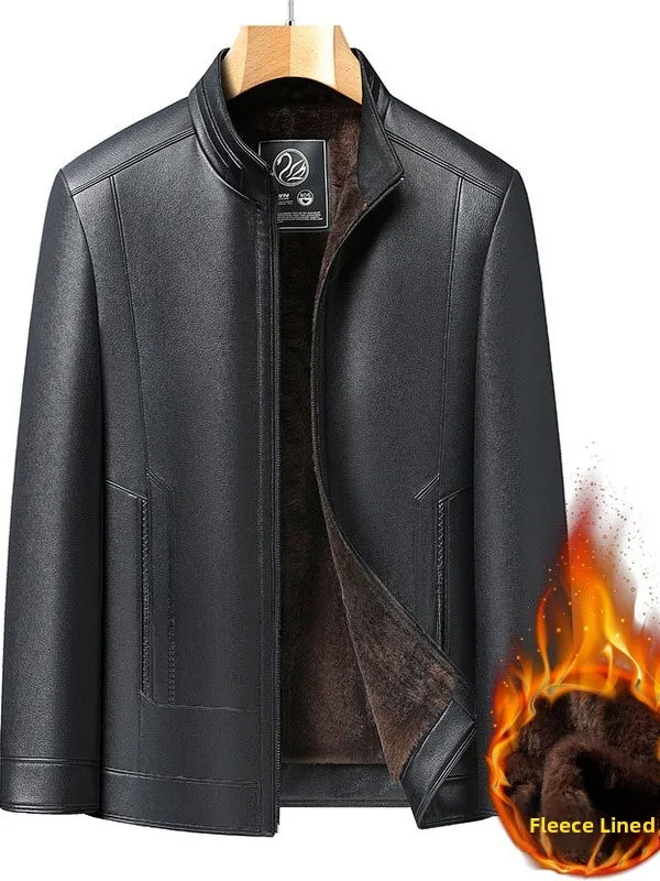 

plus Size Men's Leather Jaet Winter Fce Lined Loose Casual Stand Collar Zipper Closure Waterproof PU Leather Coat