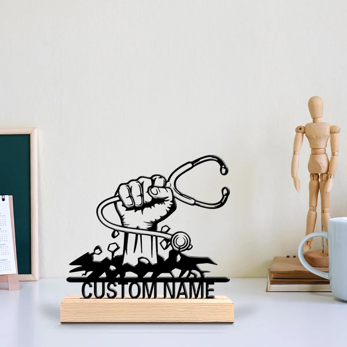 1pc Minimalist Stethoscope Custom Letter Metal Statue Crafts With Wood Base Metal Sculpture With Wood Base For Children Gifts