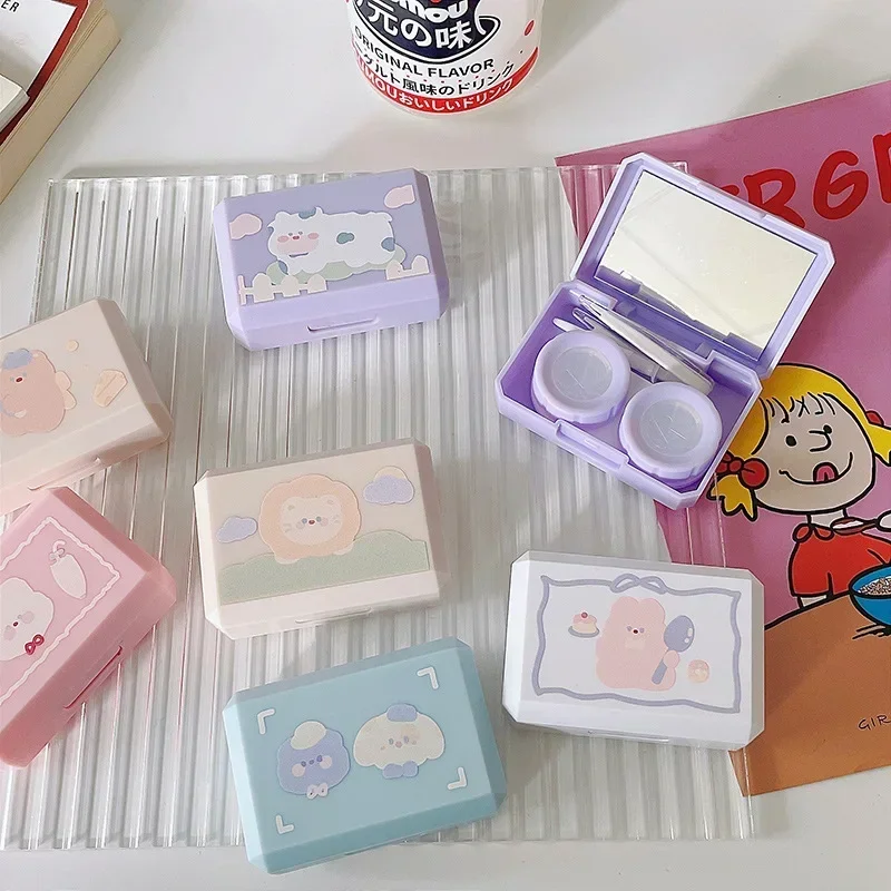 Cute Cartoon Lens Container With Mirror Small Contact Lens Case Women Portable Travel Set Color Contact Lenses Storage Box