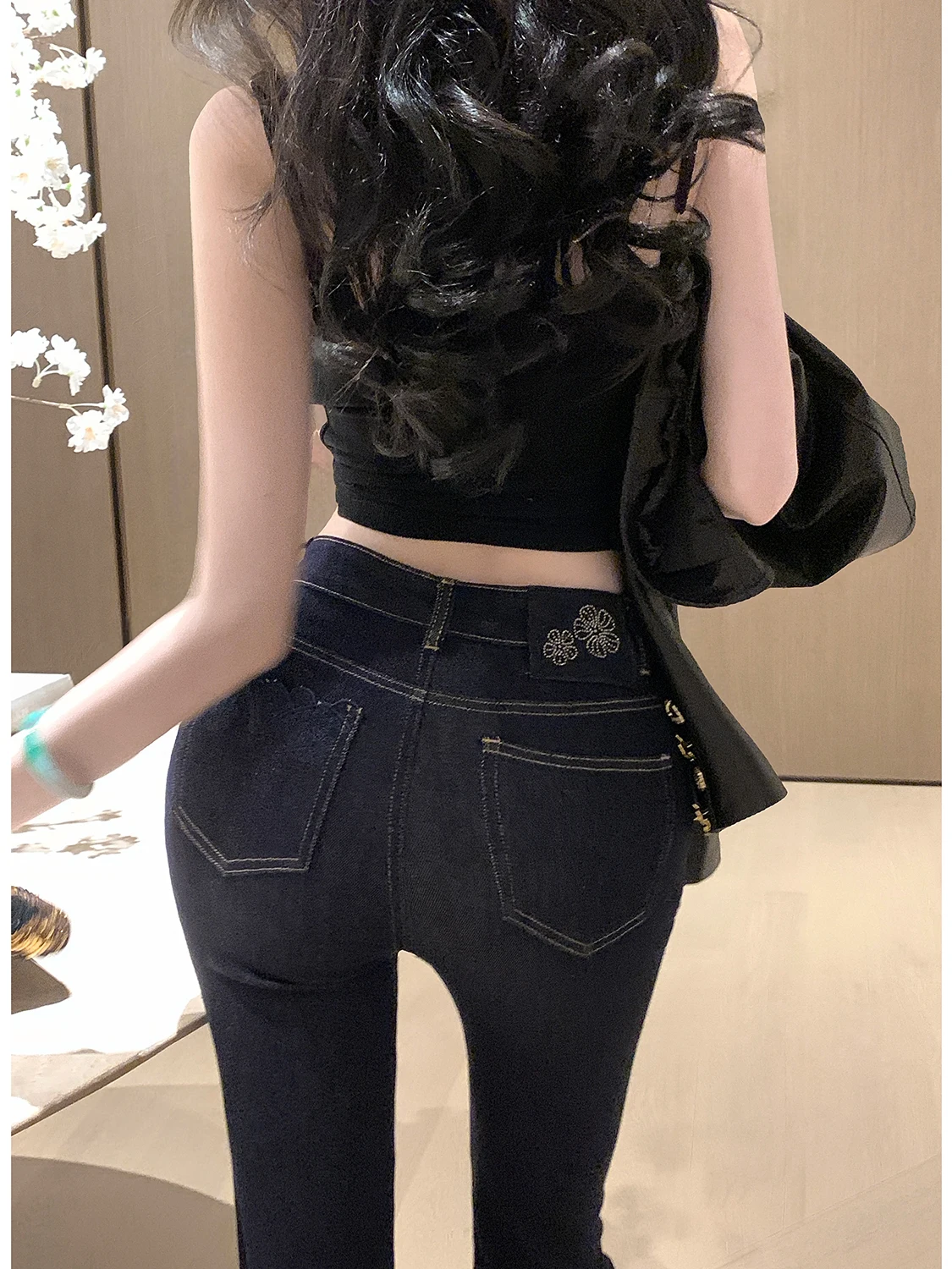 Syqiao Elegant Style Bell Bottom Jeans Women's Slim Fit Denim Fashionable Diamond Studded Natural Waist Zipper Closure Deep C...