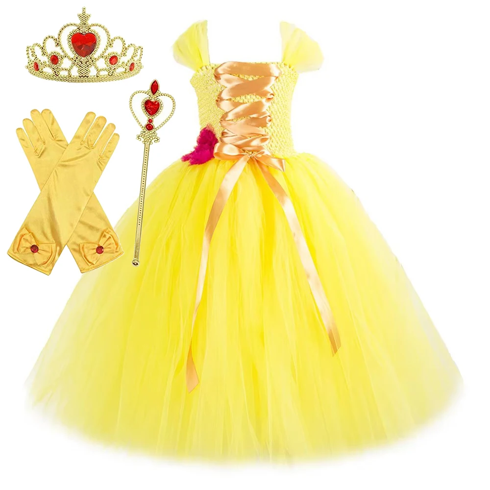 Abito lungo tutù da principessa Belle giallo per ragazze Costumi da pavimento di carnevale di Natale con abito da ballo per festa di compleanno per ragazza per bambini con corona