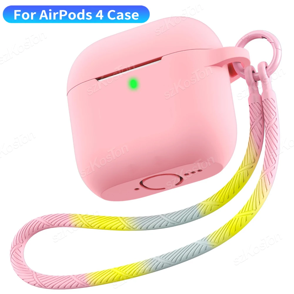 Capa protetora de silicone para airpods 4, capa com cordão compatível com 2024 air pods 4th soft shell com corda e chaveiro