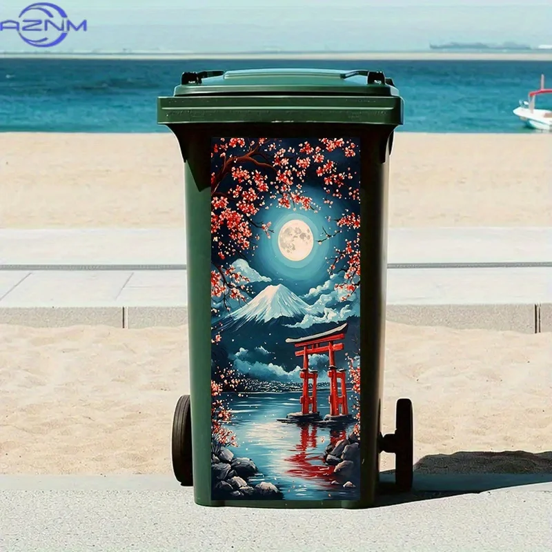 1pc Japanese Landscape Trash Can Sticker - Cherry Blossoms, Full Moon & Torii Gates Removable Self-Adhesive PVC Decal for Bedr