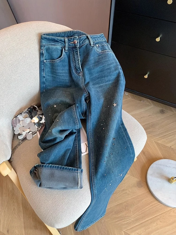 

Ретро Faion Heavy Du прямые джинсы со стразами для мужчин и женщин весна осень свободные повседневные драпированные прямые брюки