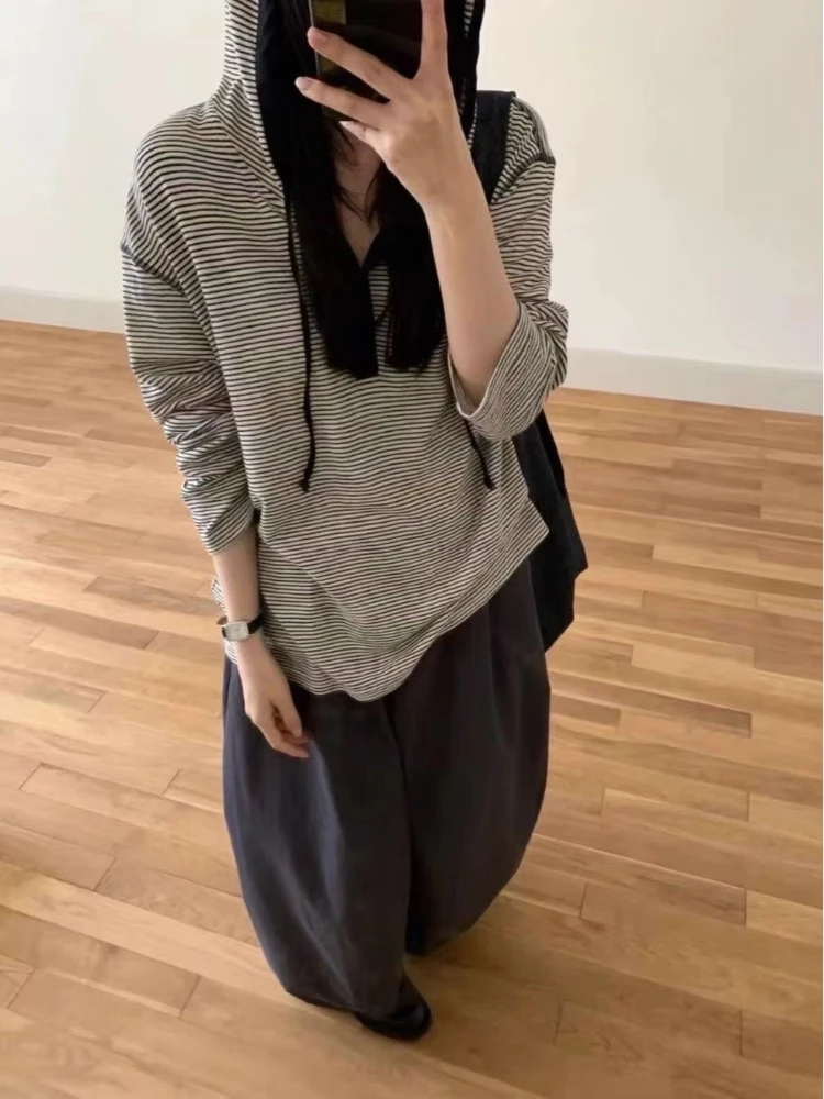 

Black White Striped Hooded Henley Top Women Long Sleeve Loose Fit Korean Basic Casual Daily Pullover Sweatshirt