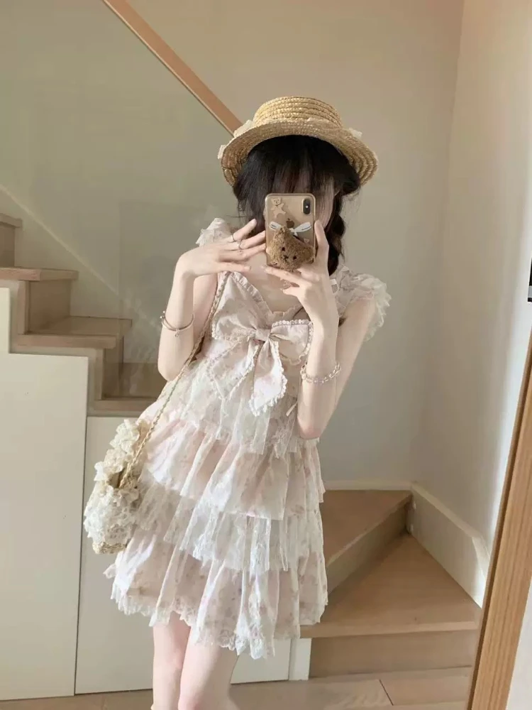 cute japanese dresses Japanese Style Lolita OP Dress Long Sleeve Floral Print Pink Bows Sweet Lolita One Piece Dresses